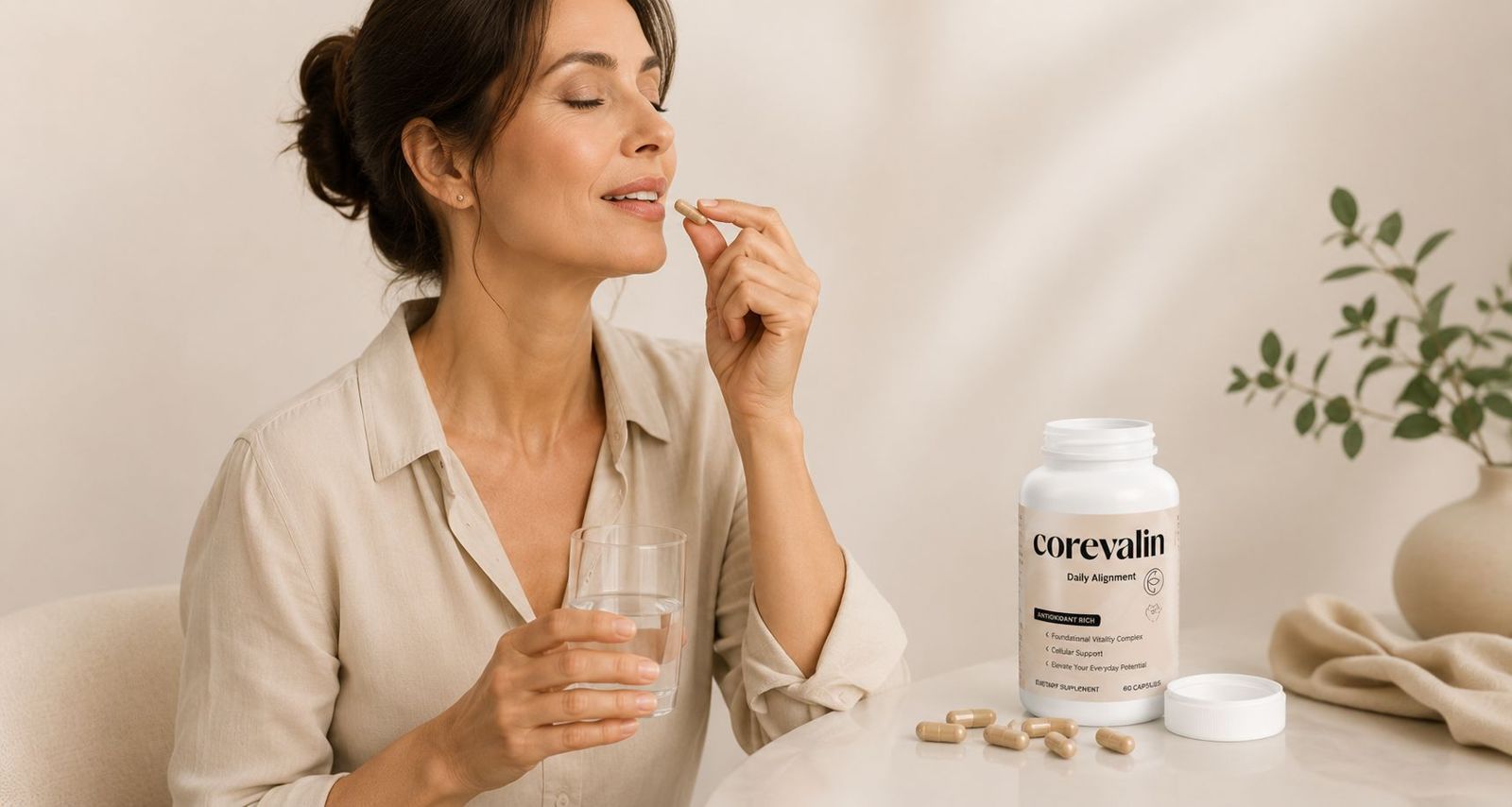 Vrouw neemt een Corevalin-capsule met een glas water, het flesje staat op tafel